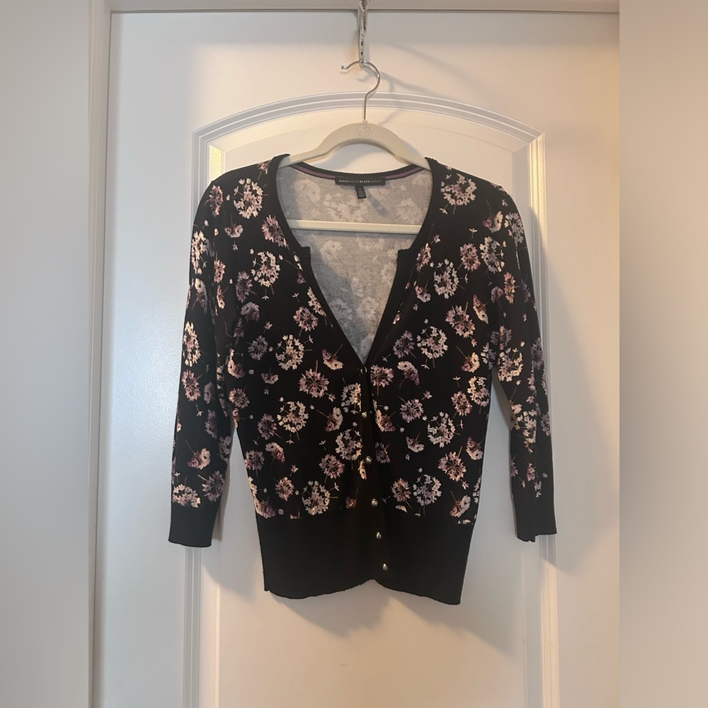 Floral White House Black Market black and purple cardigan